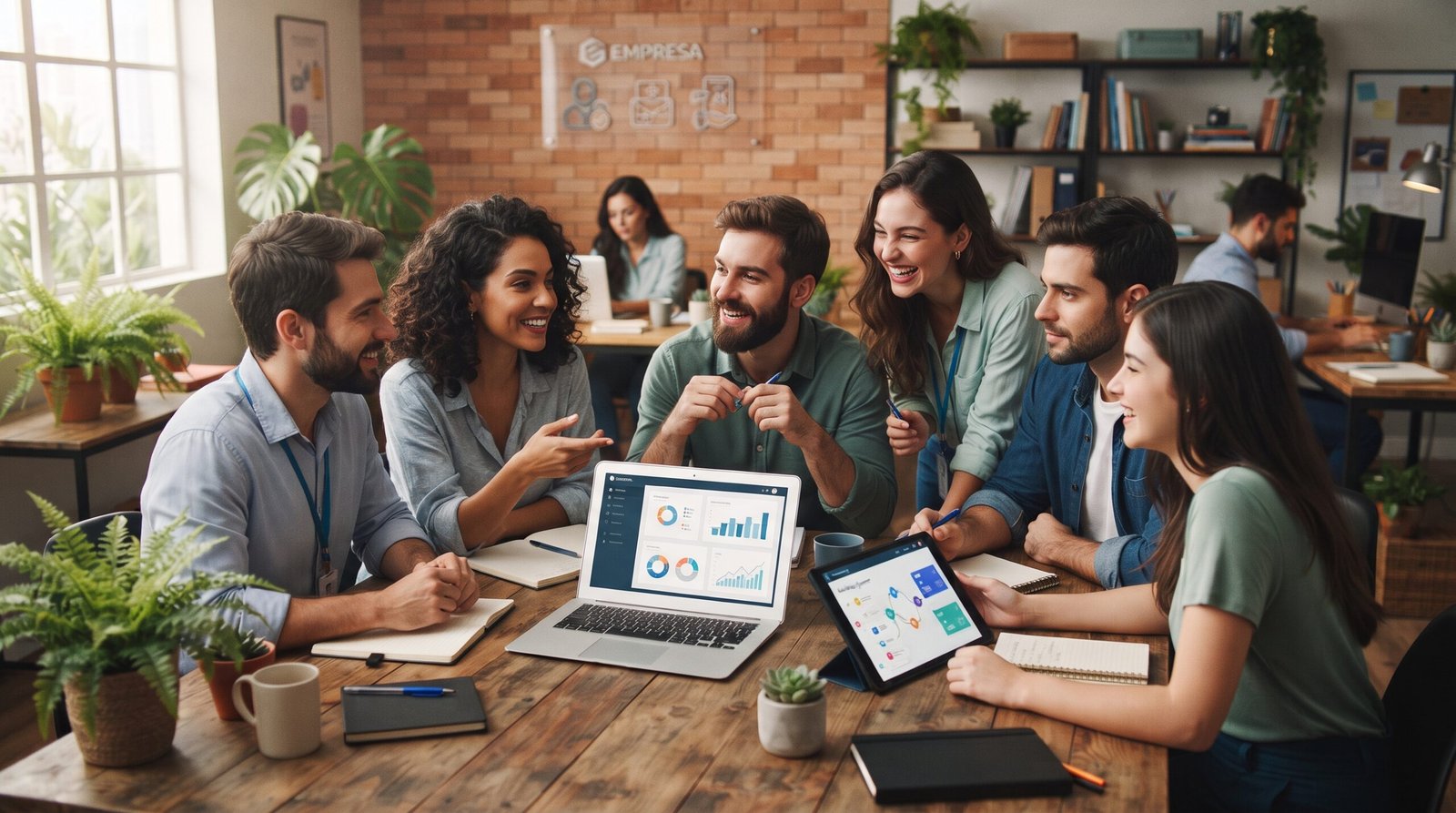 Equipe de pequena empresa usando ferramentas de inteligência artificial para automatizar tarefas